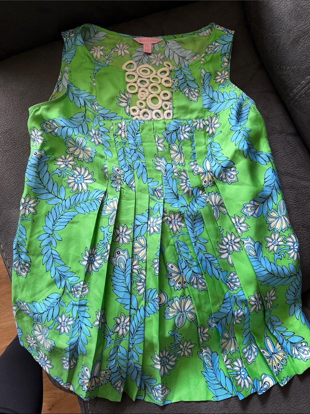 Lilly Pulitzer Green & Blue Floral Pleated Tank with Crochet Detail